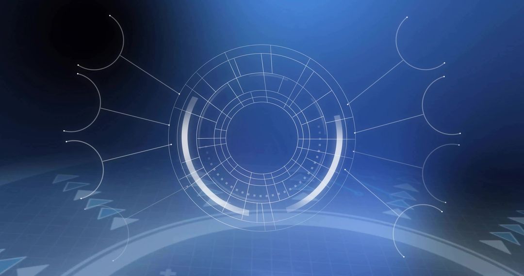 Displaying Futuristic Holographic HUD Interface with Rotating Rings and Neon Blue Grid