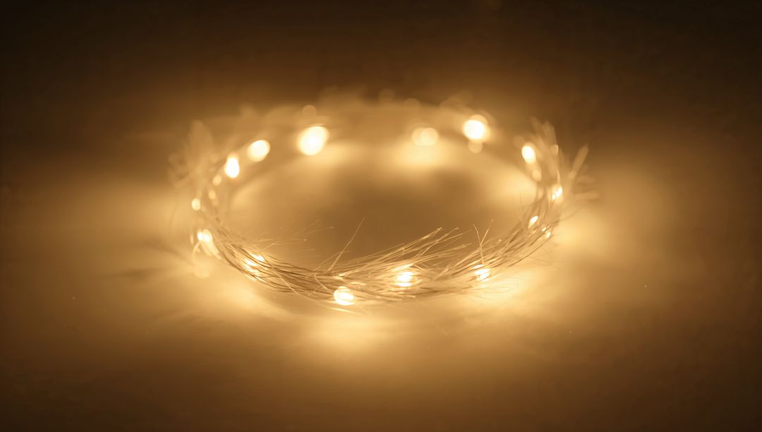 Coiled warm white LED fairy lights forming glowing circular wreath on dark tabletop
