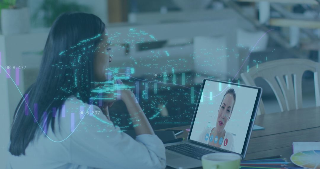 Businesswoman Video Conferencing with Security Overlay Elements