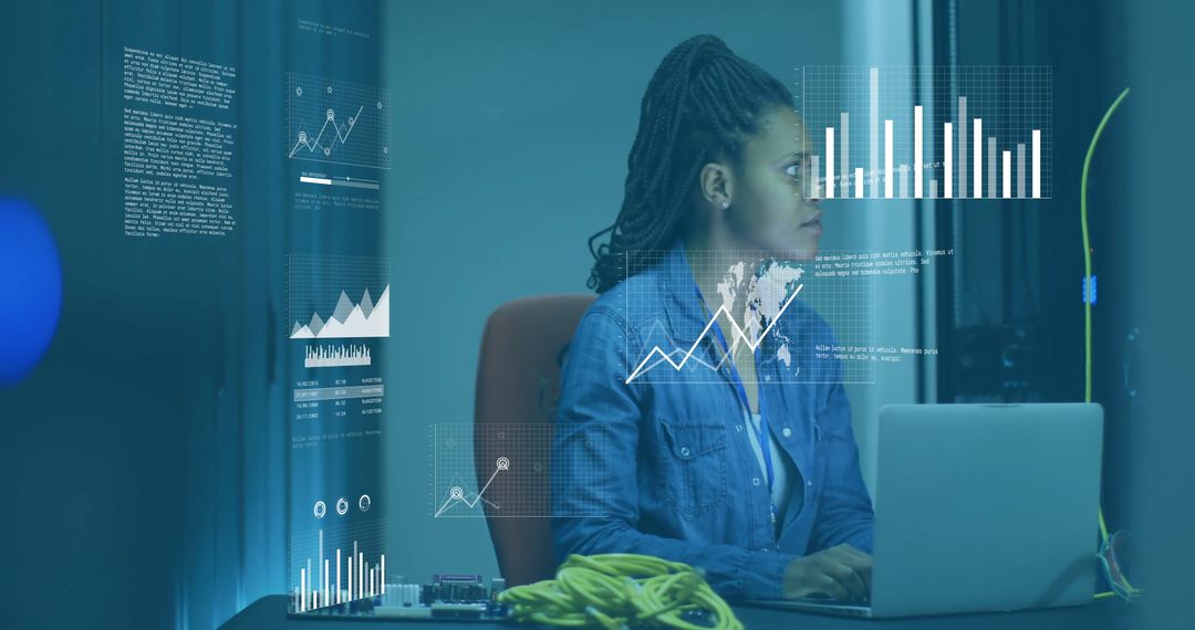 Biracial Woman Analyzing Data in Server Room with Digital Interface