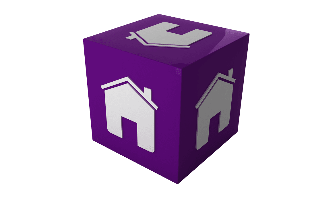 Transparent Purple Cube with House Icons Illustrating Real Estate