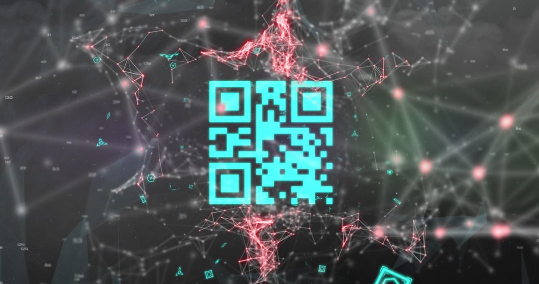 Neon Barcode with Network Connections on Dark Cloudy Background
