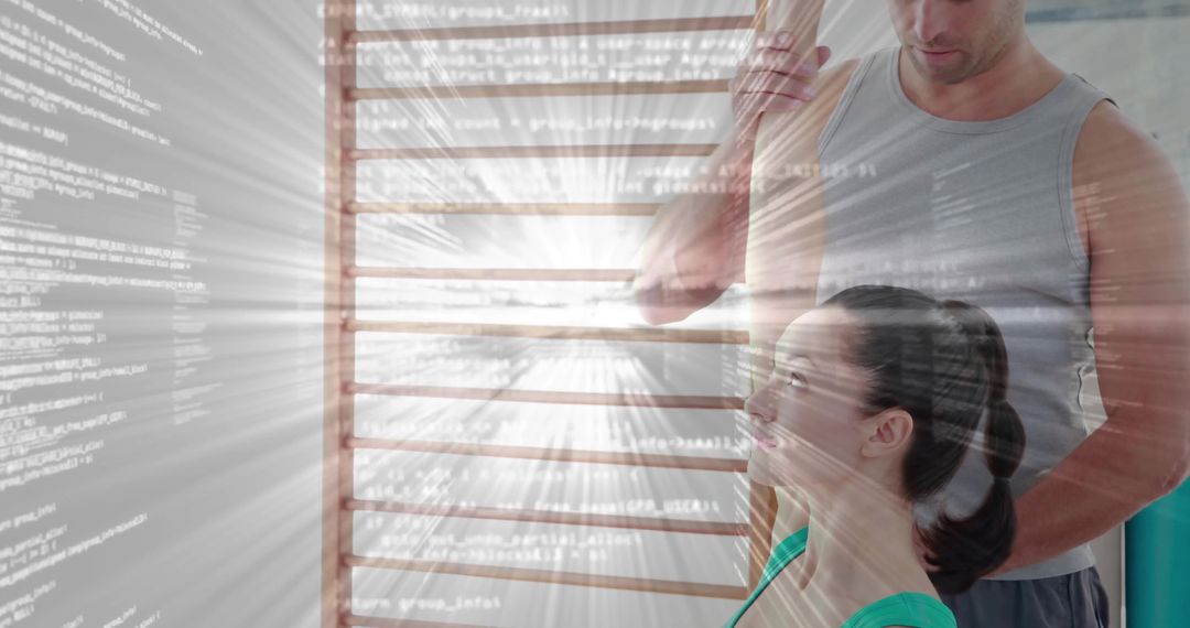 Trainer Guiding Stretch with Digital Code Overlay