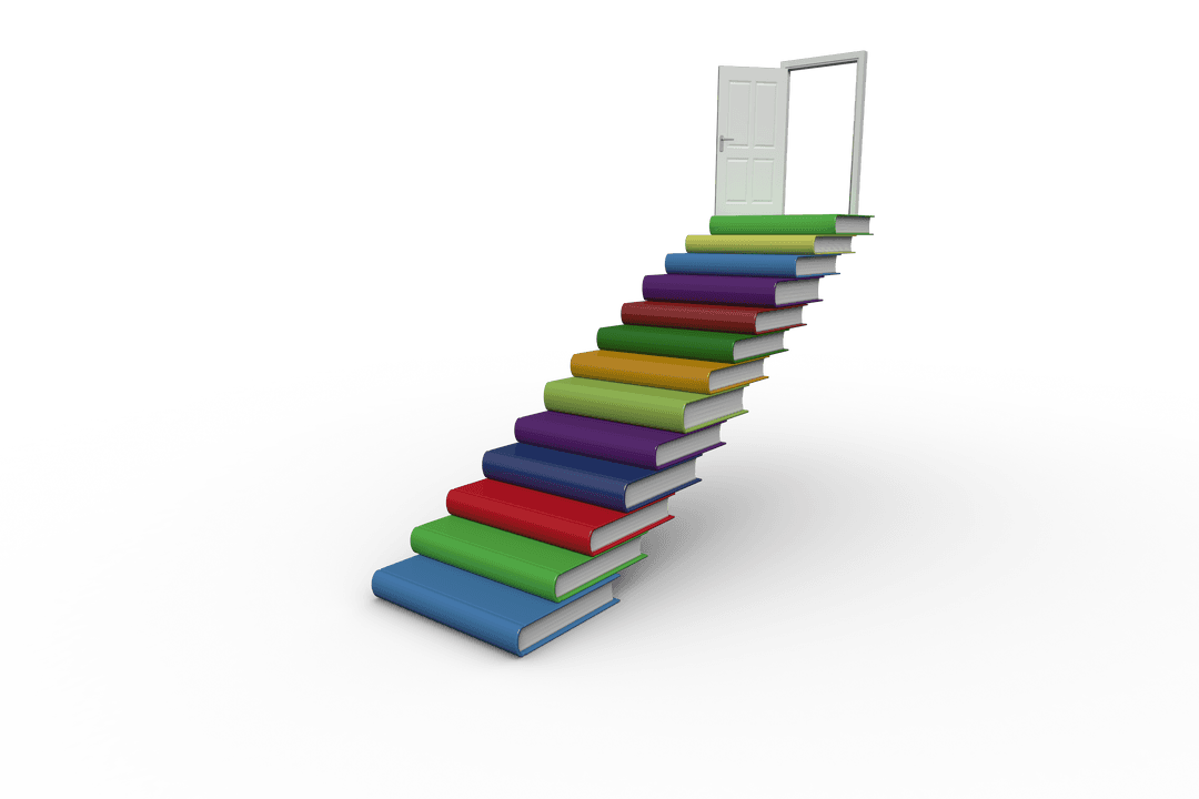 Imaginative Stairs of Books Leading to Open Door on Transparent Background