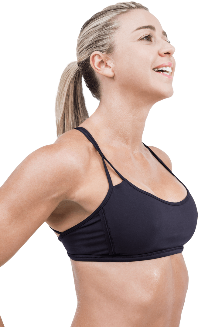 Strong Female Athlete Smiling Posing in Sports Bra on Transparent Background