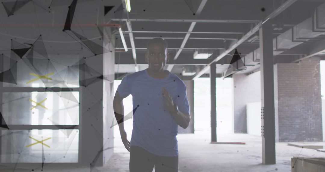 Man Jogging in Abandoned Building with Digital Network Overlay
