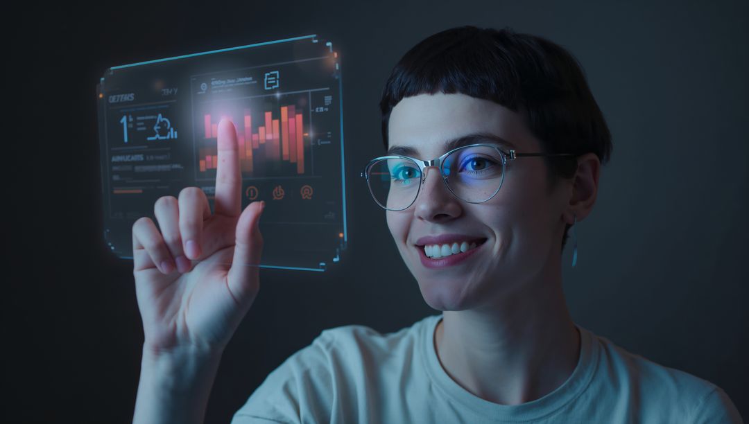 Woman in Glasses Using Interactive Holographic Technology