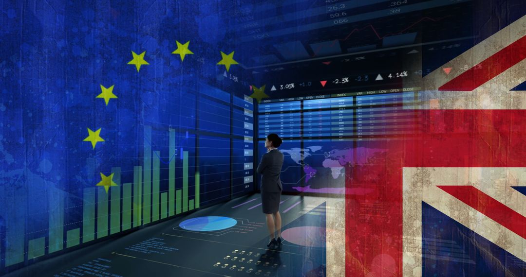 Businesswoman Analyzing Data Amid EU and UK Symbolic Graphics