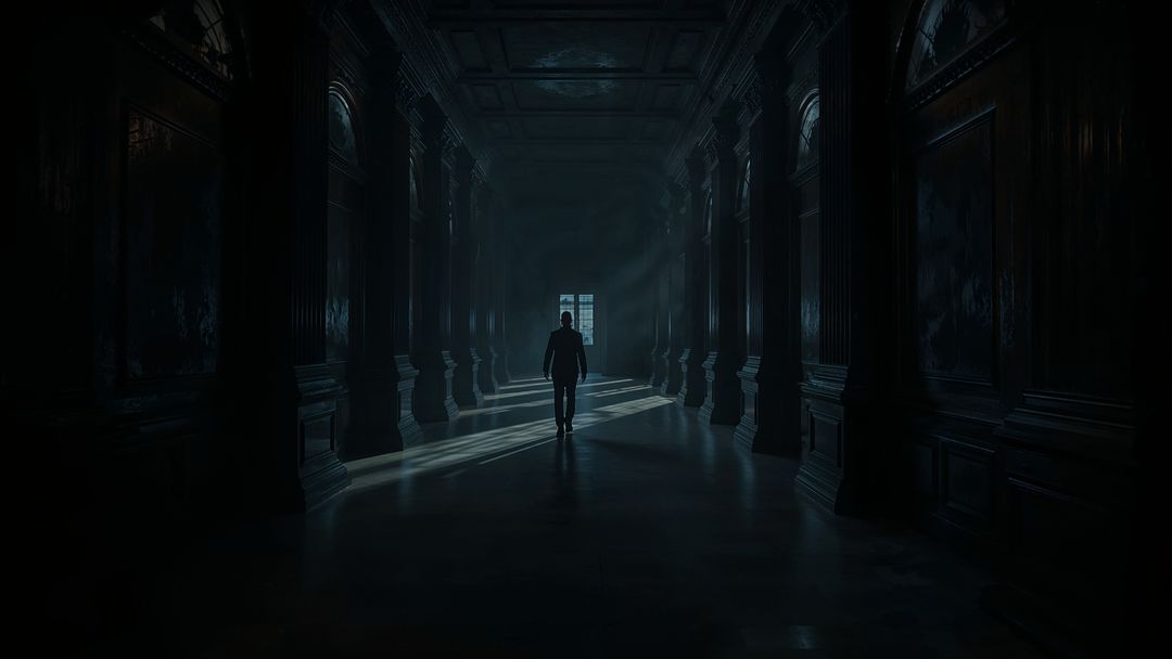 Silhouette prosecutor in historic hallway with dramatic light beams