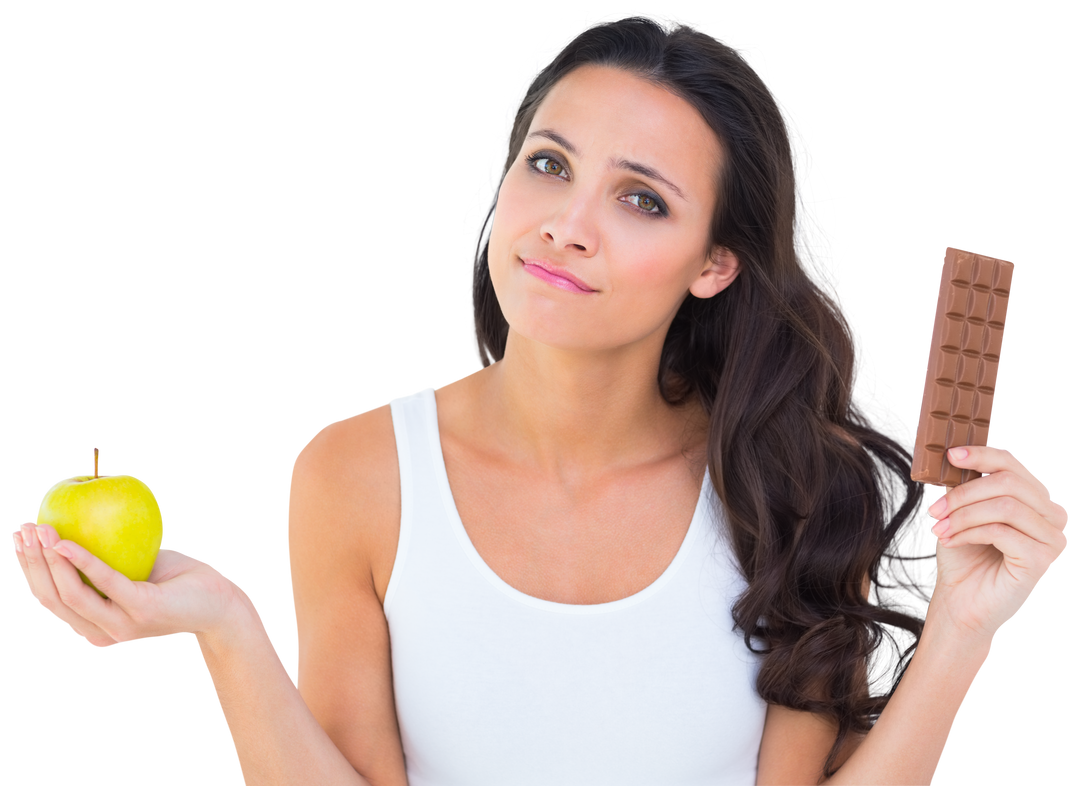 Woman Choosing Between Apple And Chocolate Bar Holding Unexpected Items - Download Free Stock Images Pikwizard.com