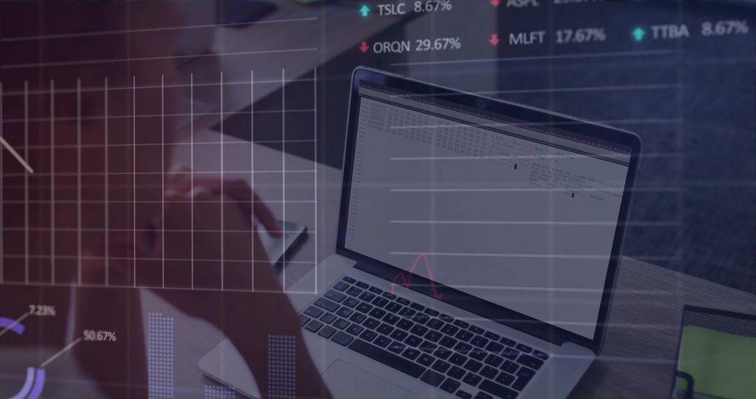 Professional Woman Analyzing Data on Laptop with Graph Overlays