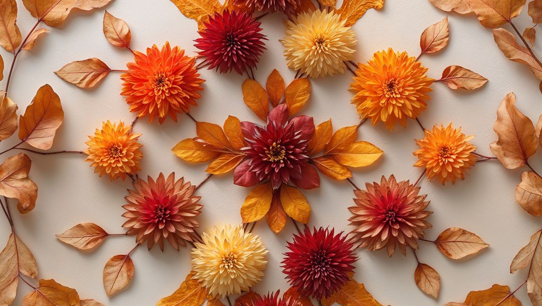 Symmetrical Autumn Dahlia Arrangement with Dried Leaves