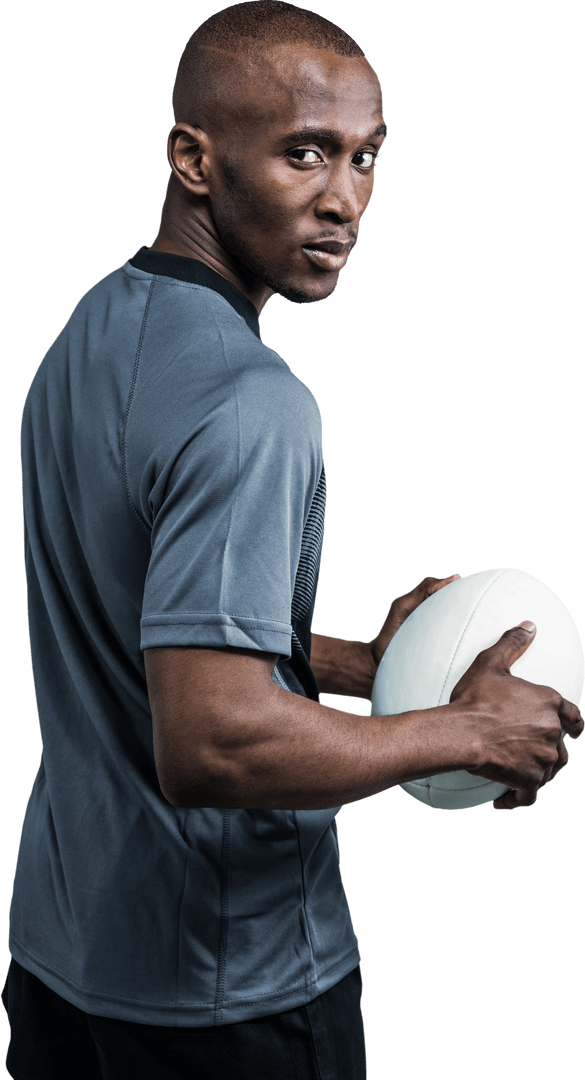Athlete Holding Rugby Ball with Determination, Transparent Background