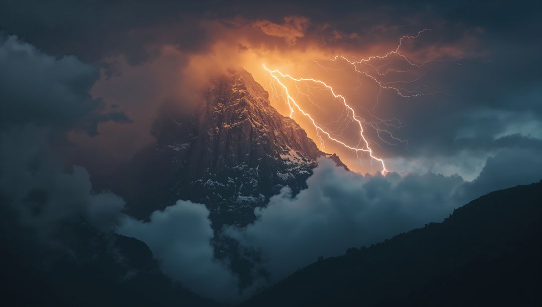 Dramatic Mountain Storm With Lightning Striking Peak