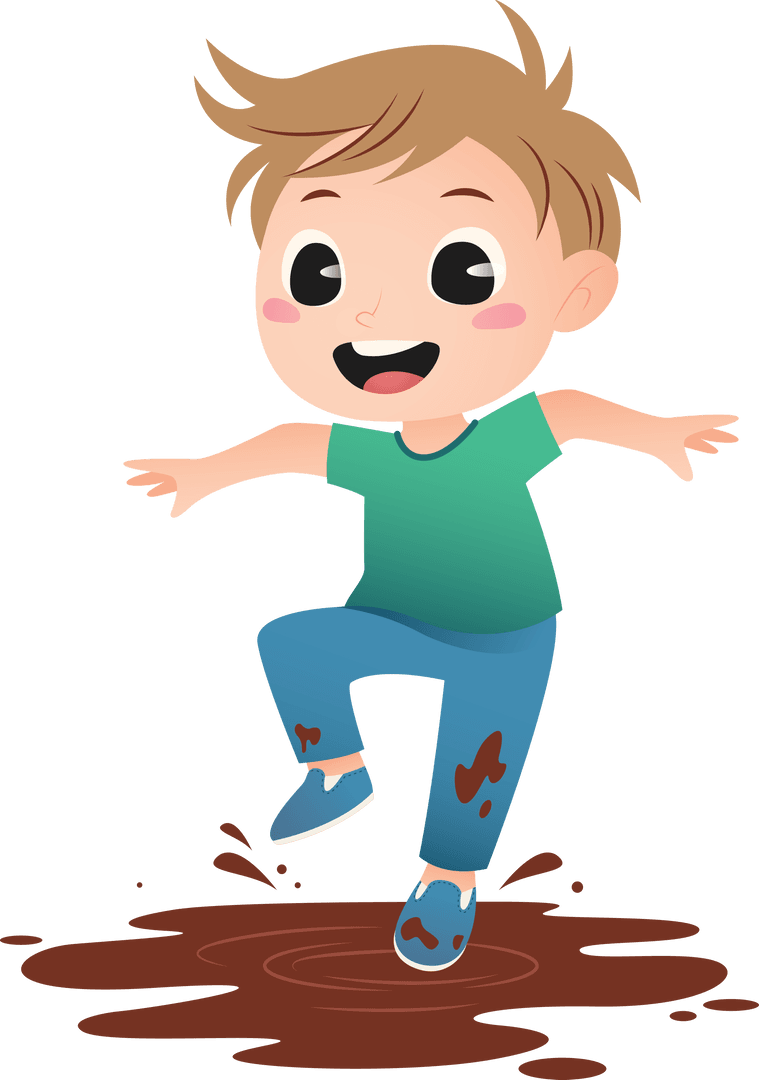 Happy Child Jumping in Mud Puddle on Transparent Background