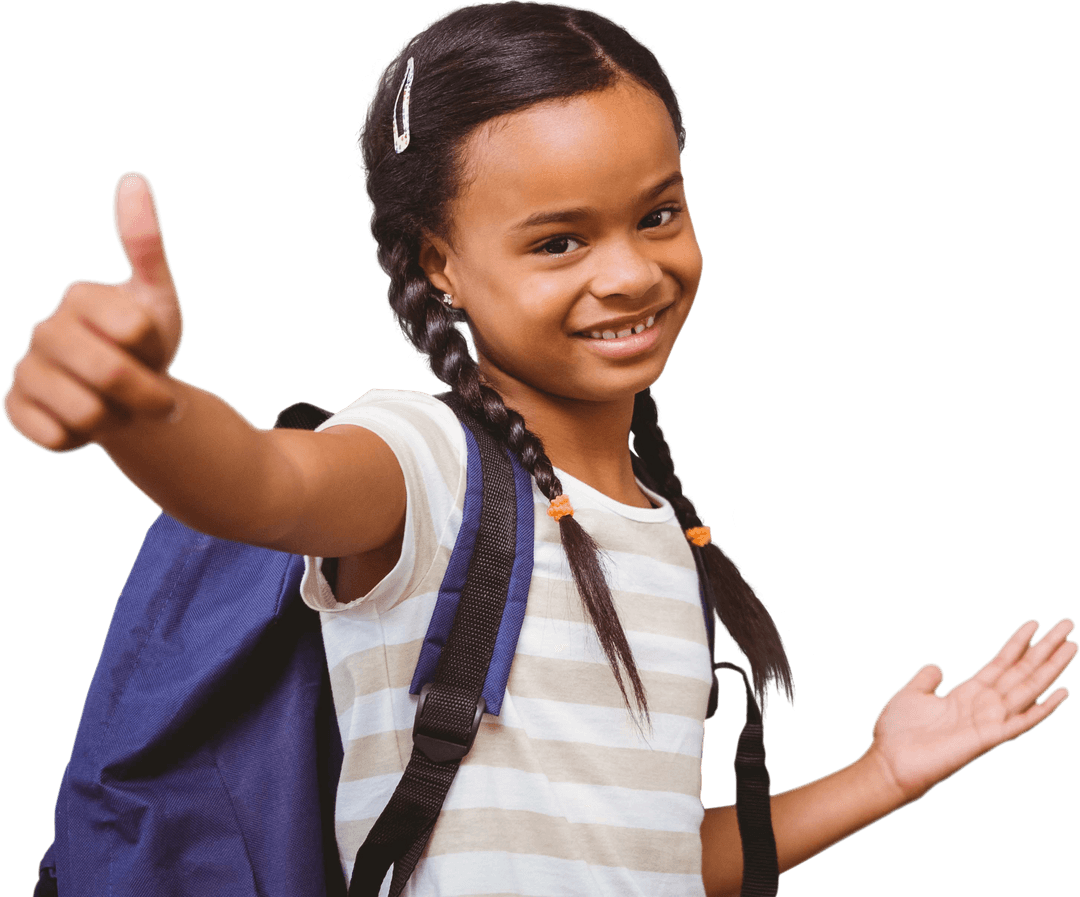 Happy Biracial Girl Ready for School with Backpack on Transparent Background