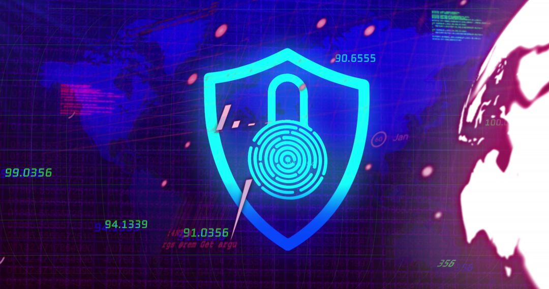 Digital Security with Shield and Fingerprint Icon on Global Map