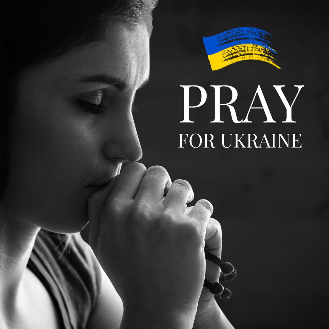 Pray for Ukraine Woman Reflecting with Flags and Rosary