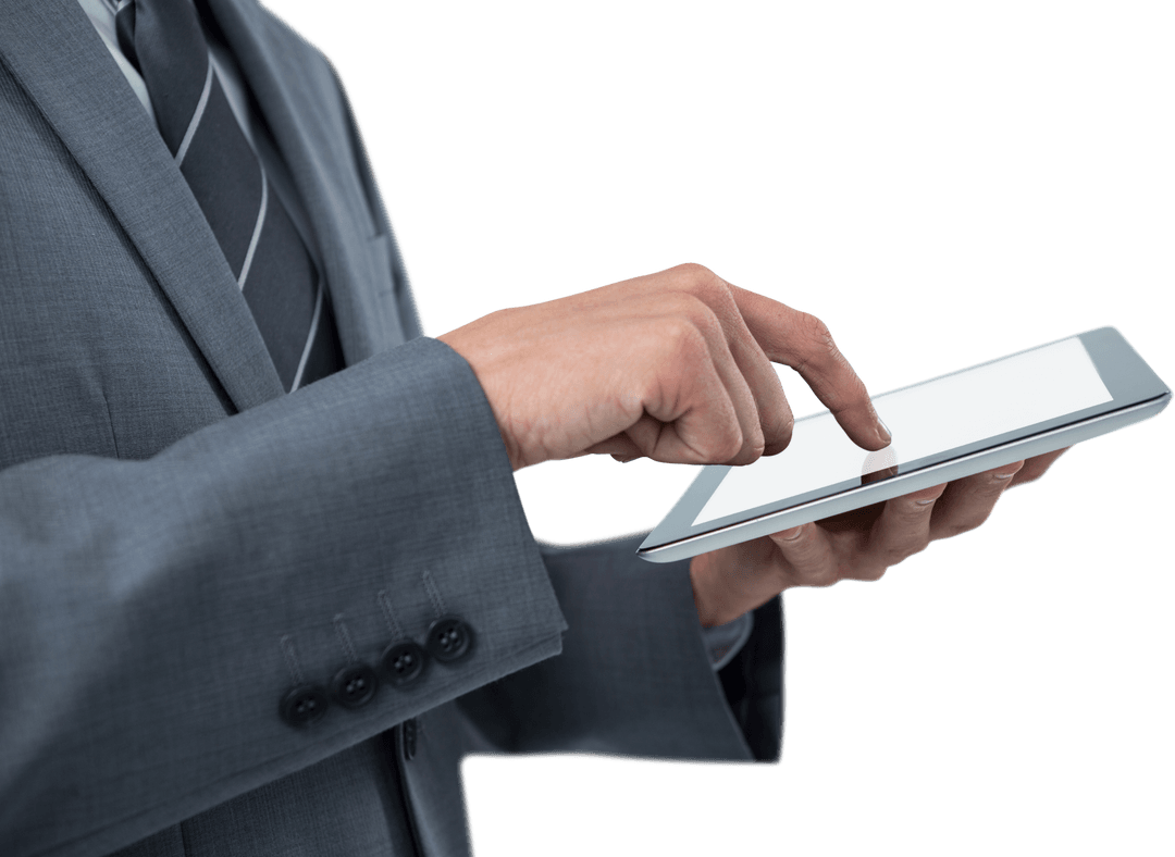 Businessman in Suit Using Transparent Tablet Midsection View
