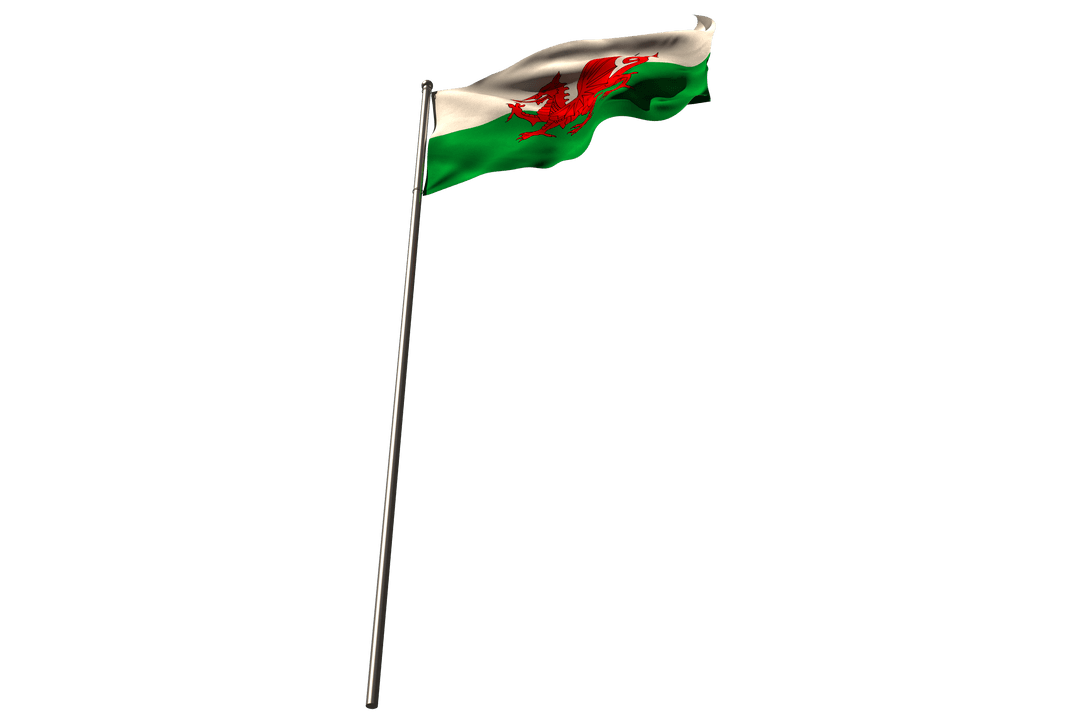 Transparent Welsh Flag Waving on Metal Flagpole Isolated