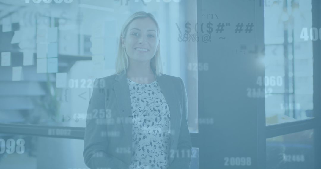 Businesswoman Using Smartphone with Financial Data Overlay in Office Environment