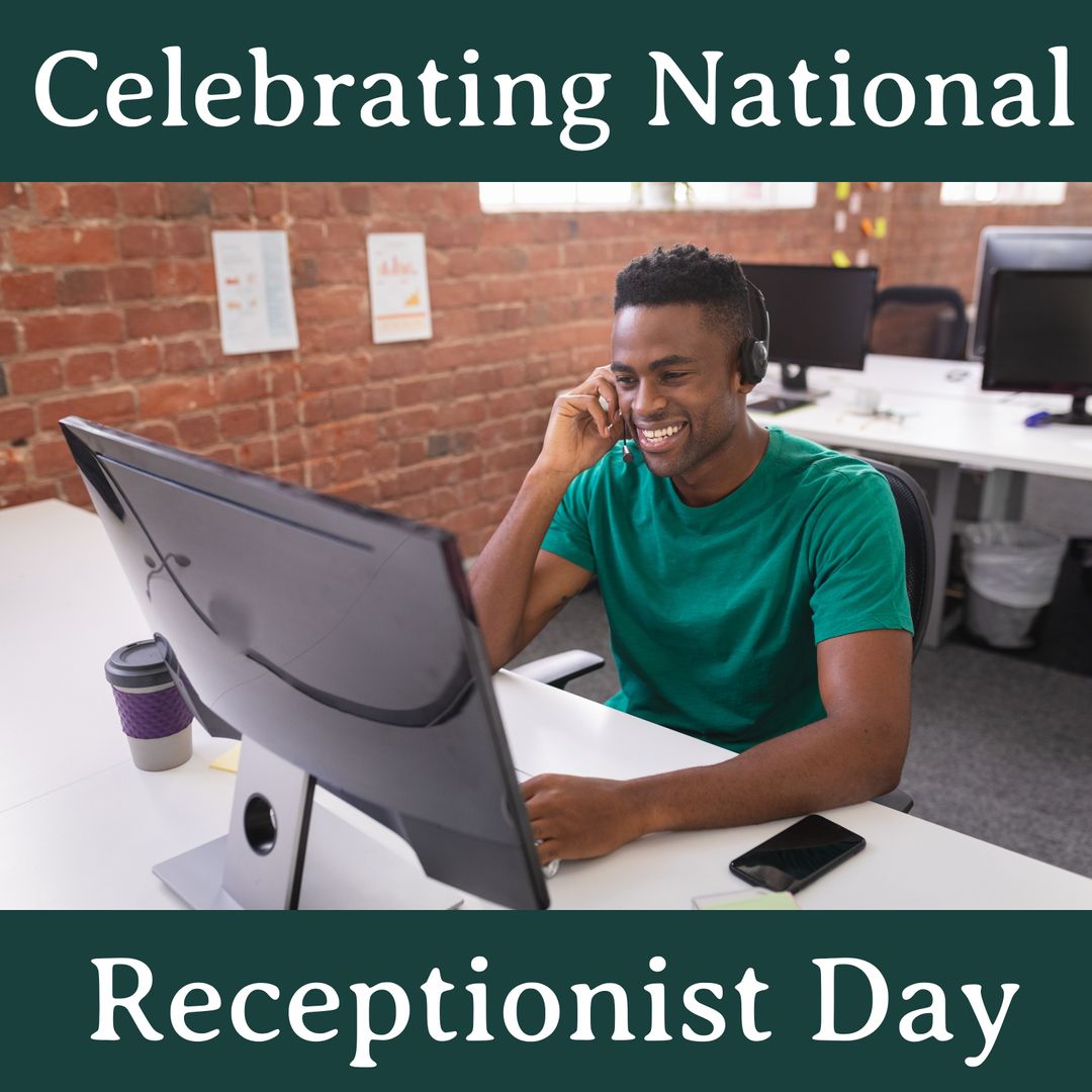 Smiling Businessman Using Headset at Office Desk