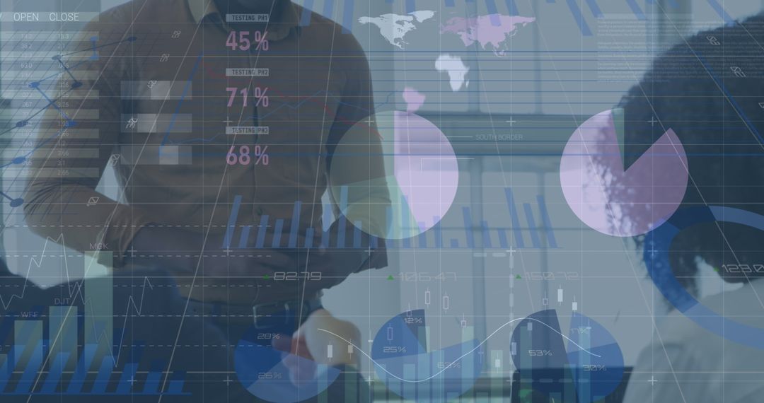 Business Team Analyzing Financial Data with Virtual Infographics