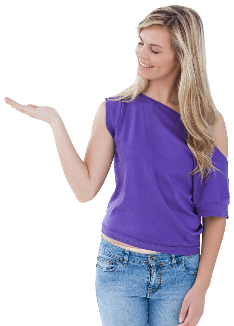 Smiling Woman Holding Open Palm on Transparent Background