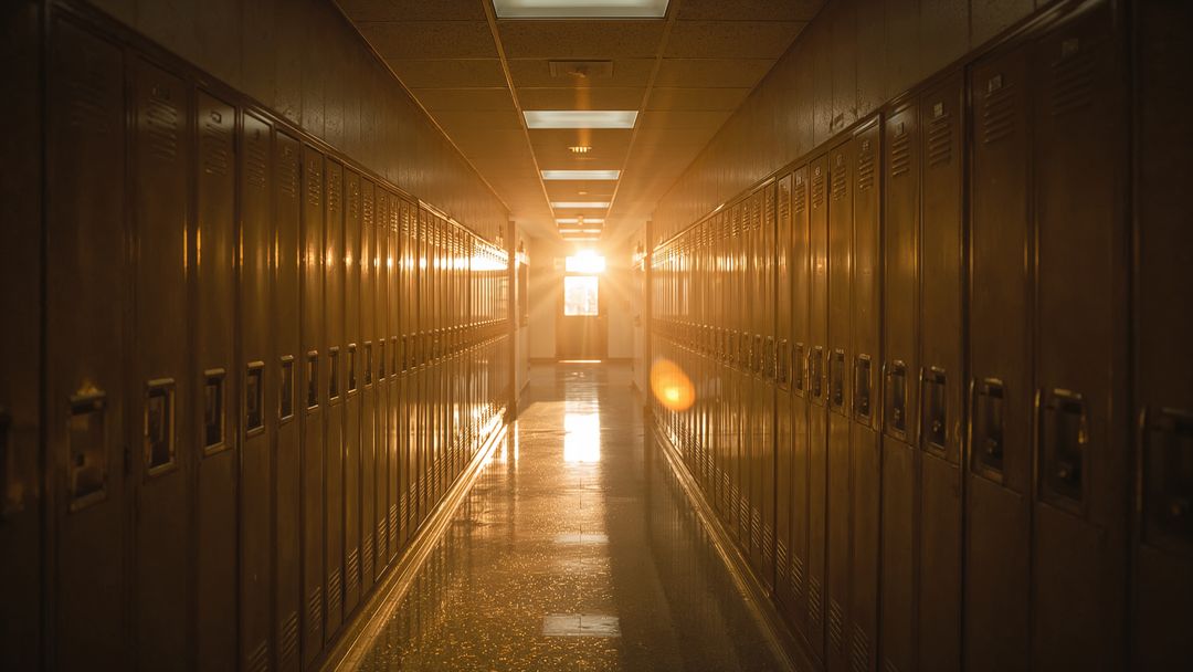 Empty School Corridor with Lockers and Sunset Glow Lighting