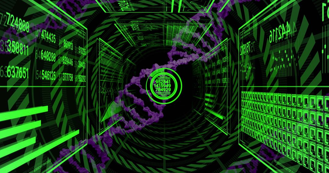 Futuristic Data Tunnel with DNA Helix and Digital Elements