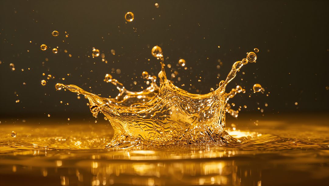 Golden Metallic Splash with Reflective Droplets in Warm Lighting