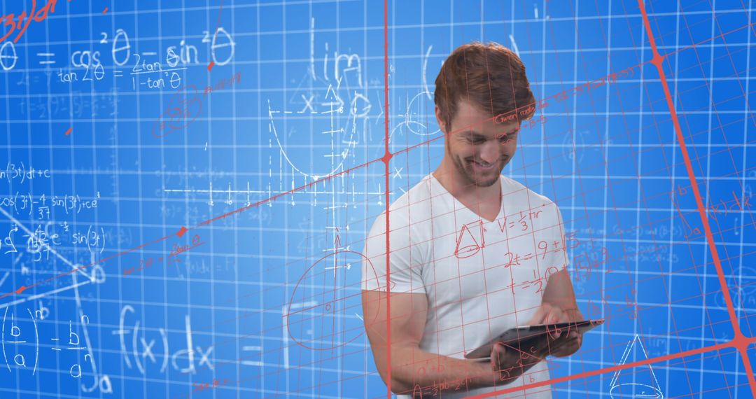 Smiling Businessman Using Tablet with Mathematical Equations Overlay