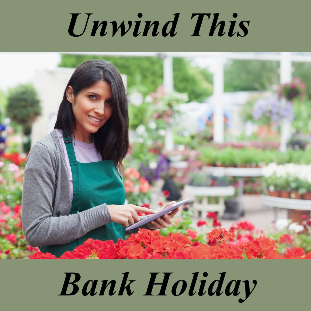 Female Florist Relaxing in Outdoor Garden with Tablet