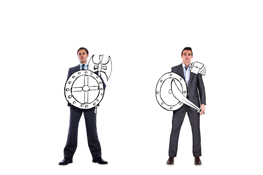 Transparent Digital Image of Two Diverse Businessmen with Shields and Swords - Download Free Stock Images Pikwizard.com