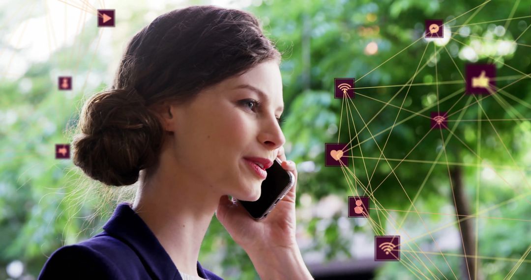 Smiling Woman Engaged in Global Digital Communication on Cellphone