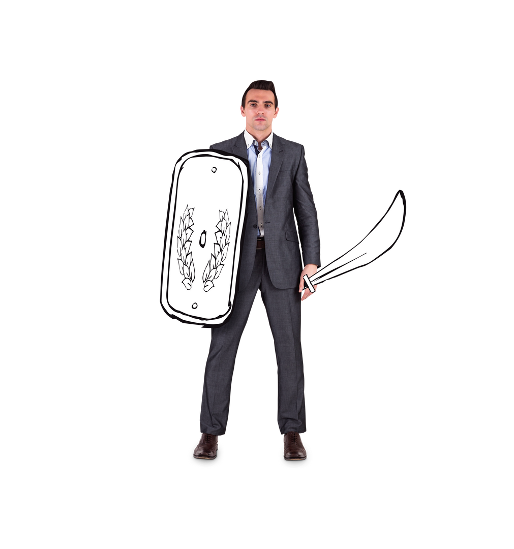 Man Holding Cartoon Shield and Sword on Transparent Background - Download Free Stock Images Pikwizard.com