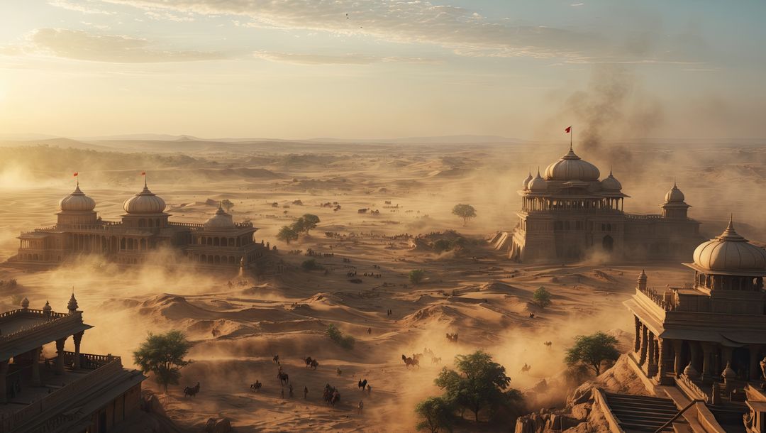 Epic Caravan Traversing Golden Dunes Near Majestic Ancient Palaces
