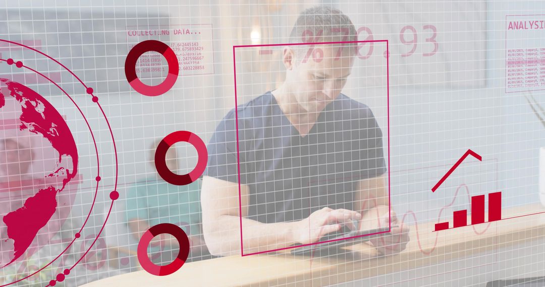 Man analyzing tablet with futuristic HUD analytics, global map, bar charts and grid overlay