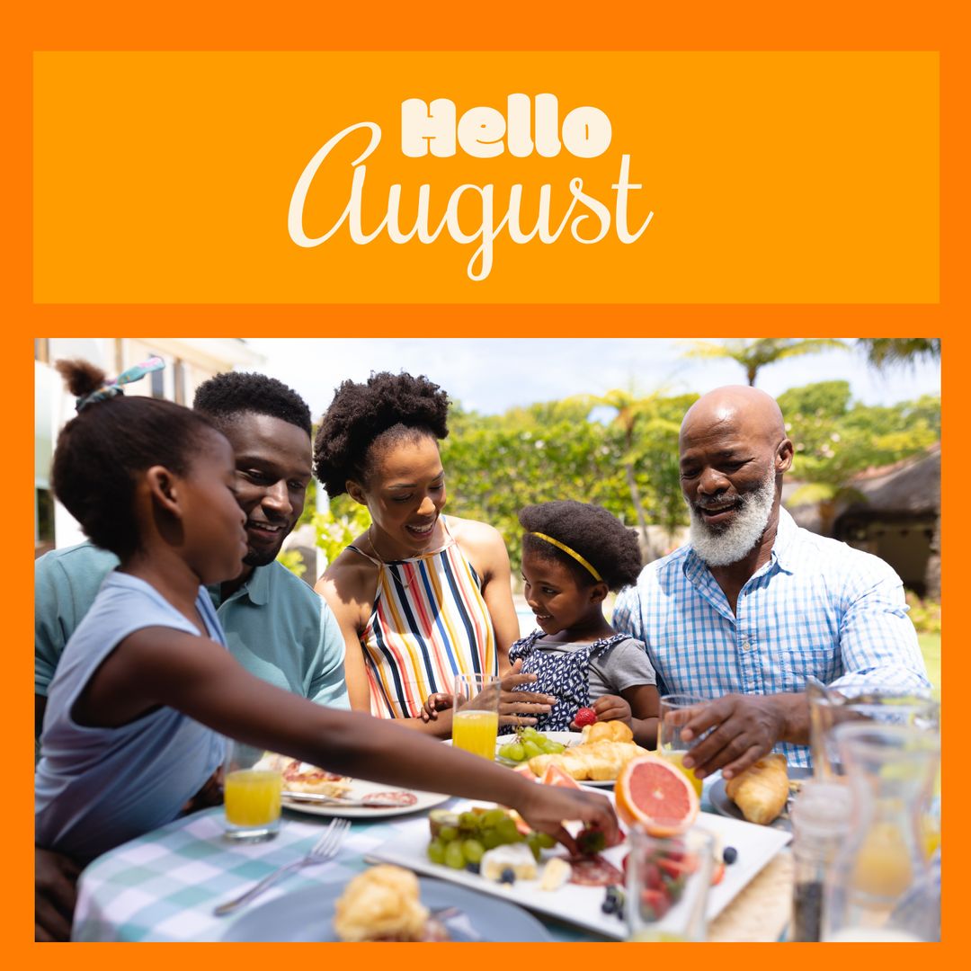 Family Enjoying Breakfast in Garden with Hello August Banner