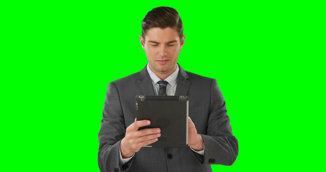 A focused young businessman in a suit uses a tablet against a green background, possibly for work. - Free Images, Stock Photos and Pictures on Pikwizard.com