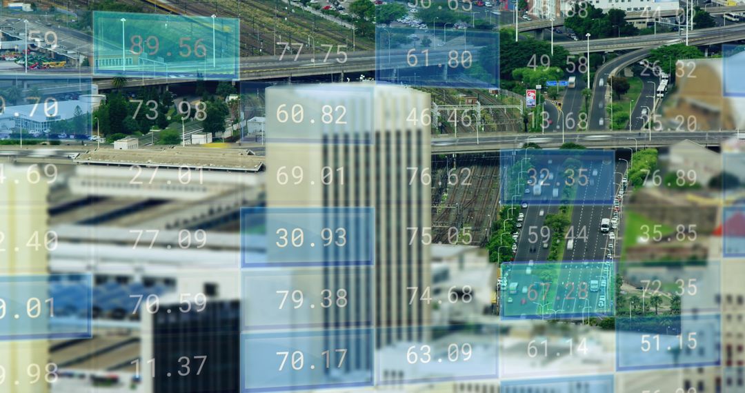 Cityscape with Digital Financial Data Over Acrylic Effect
