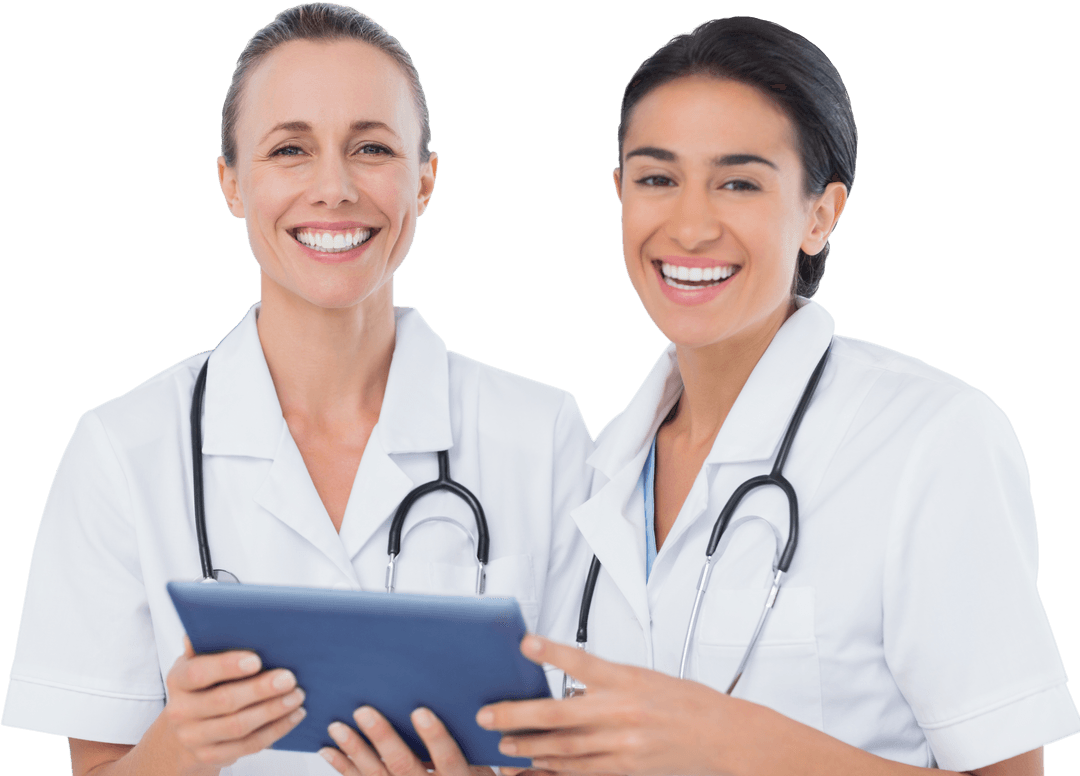Smiling Female Doctors with Tablet on Transparent Background