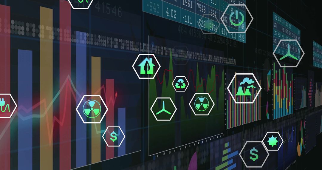 Digital Eco Icons with Data Graphs on Virtual Screen