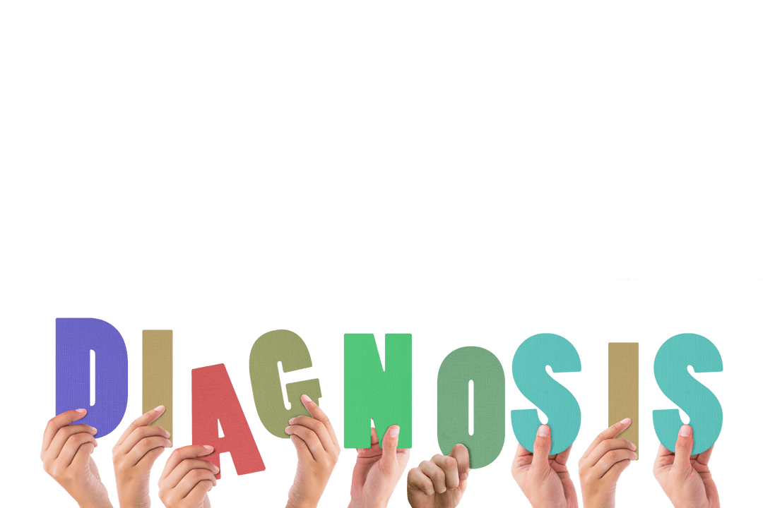 Human Hands Holding Colorful Diagnosis Word Transparent Background