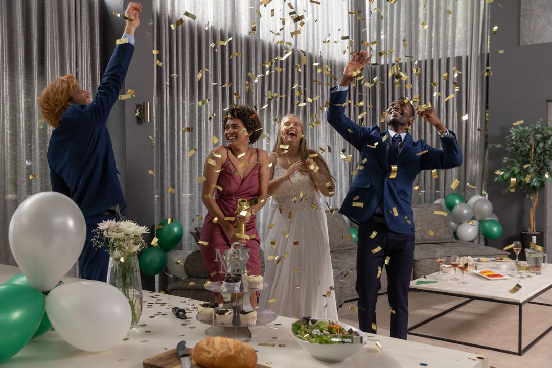 Joyful Celebration with Falling Gold Confetti