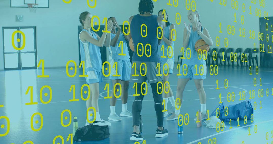 Coaching huddle analyzing performance data, AI-driven basketball training for female team
