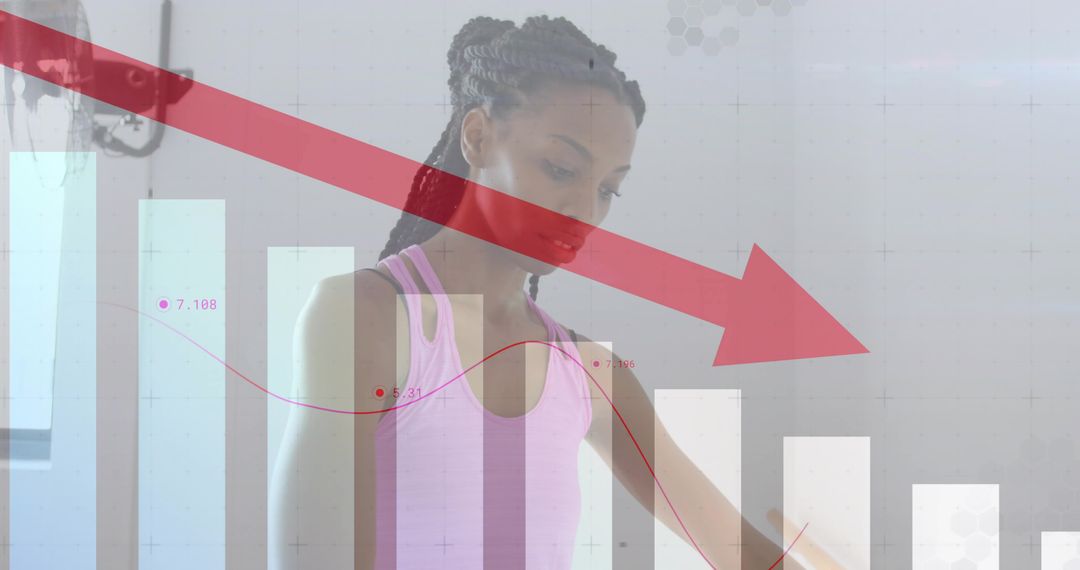 Woman stretching in fitness studio with red arrow and falling performance chart overlay