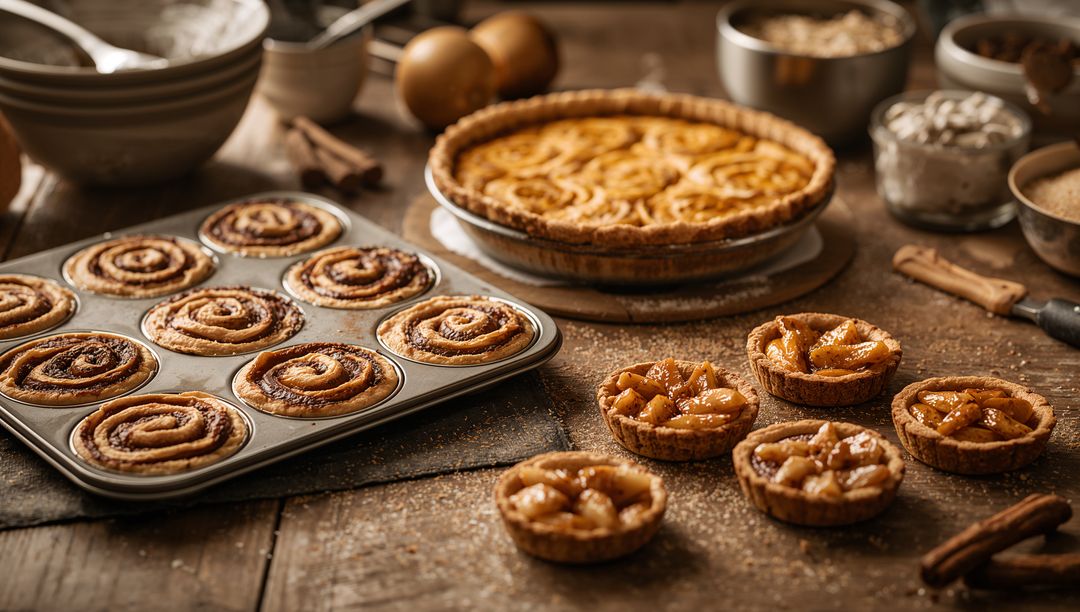 Artisanal Cinnamon Buns and Apple Tarts on Rustic Table
