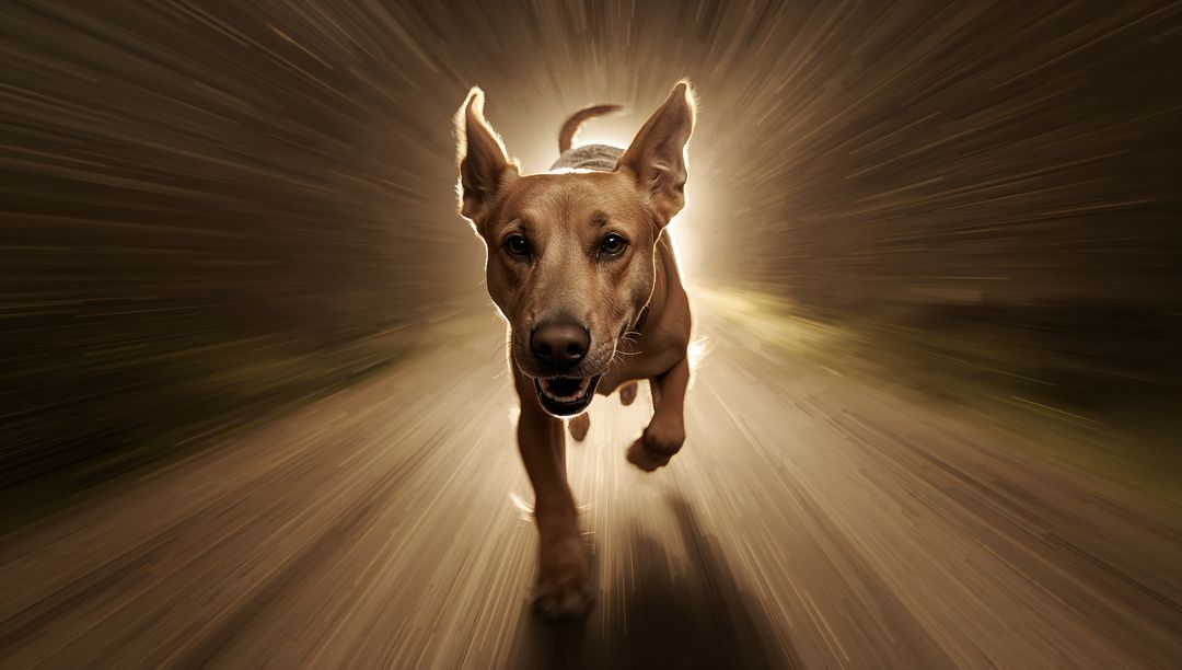 Backlit running dog charging down forest trail with dramatic motion blur and sun halo