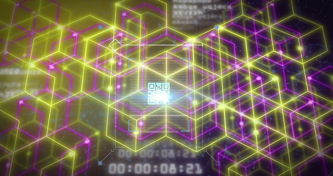 Futuristic QR Code with Neon Grid and Digital Interface